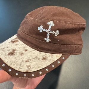 Western Cowhide Cap with Rhinestone Cross and Rhinestone Detailing